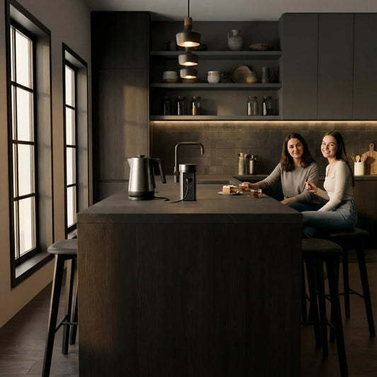 Quartz pop up outlets in a kitchen