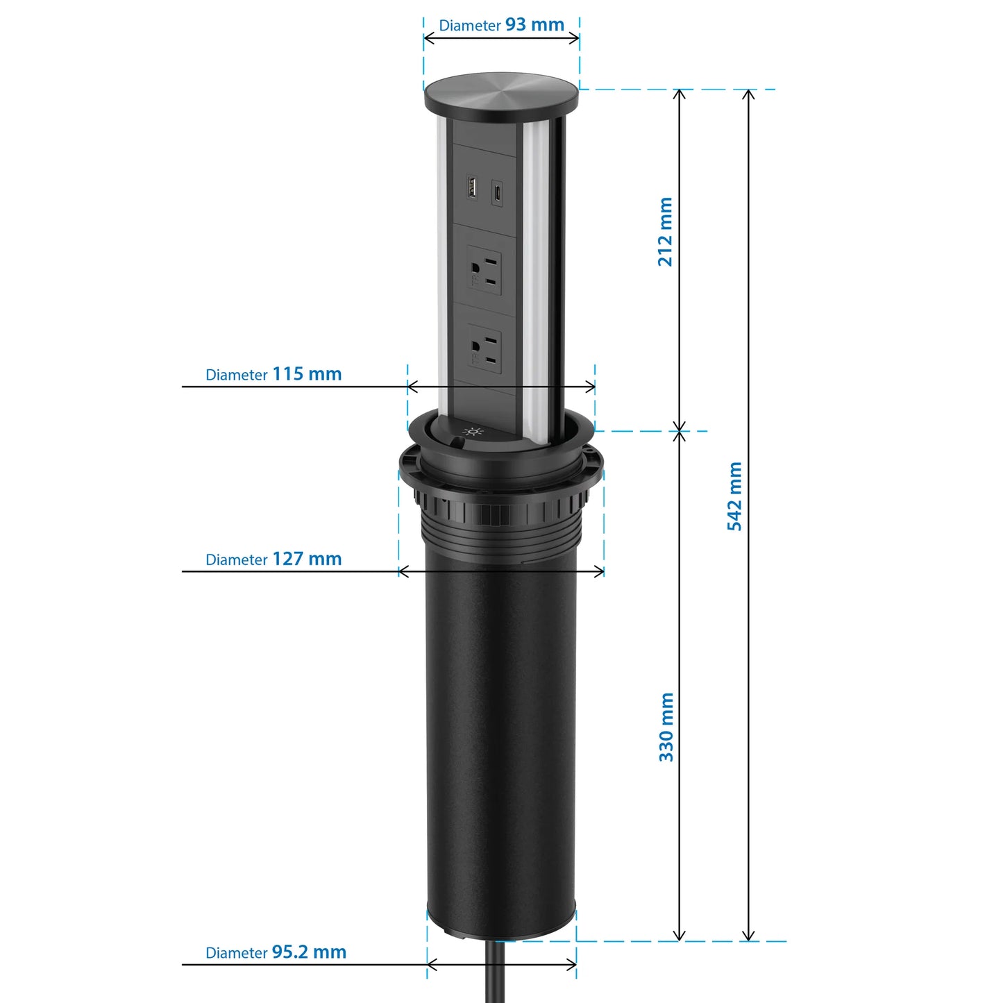 V16B: Black Pop Up Outlet with Light & 65w USB-C