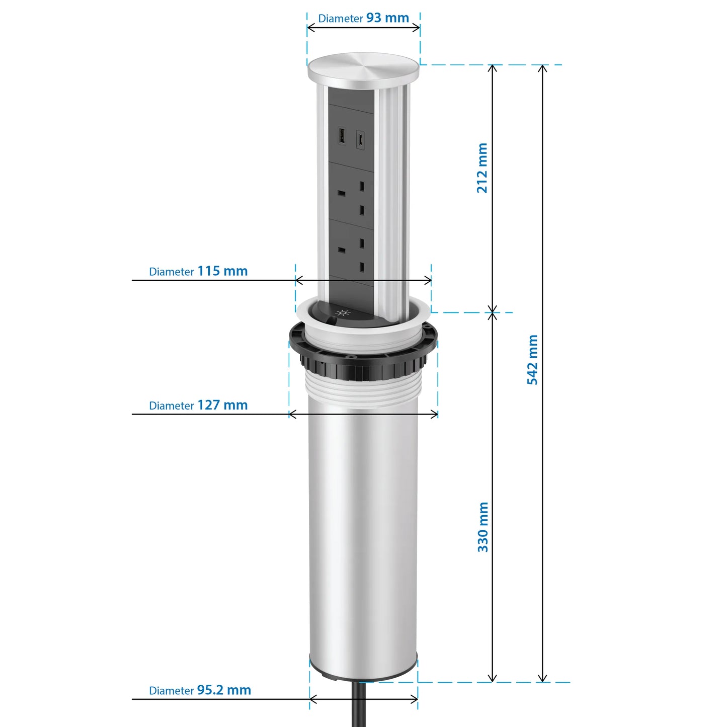 V16S: Silver Pop Up Socket with Light & 65w USB-C