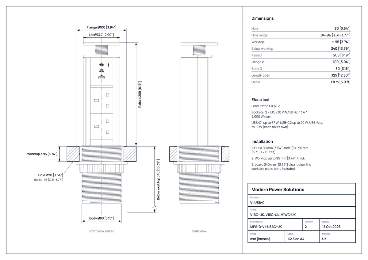 V1 USB-C dimensions drawing: hole size, countertop thickness and space below