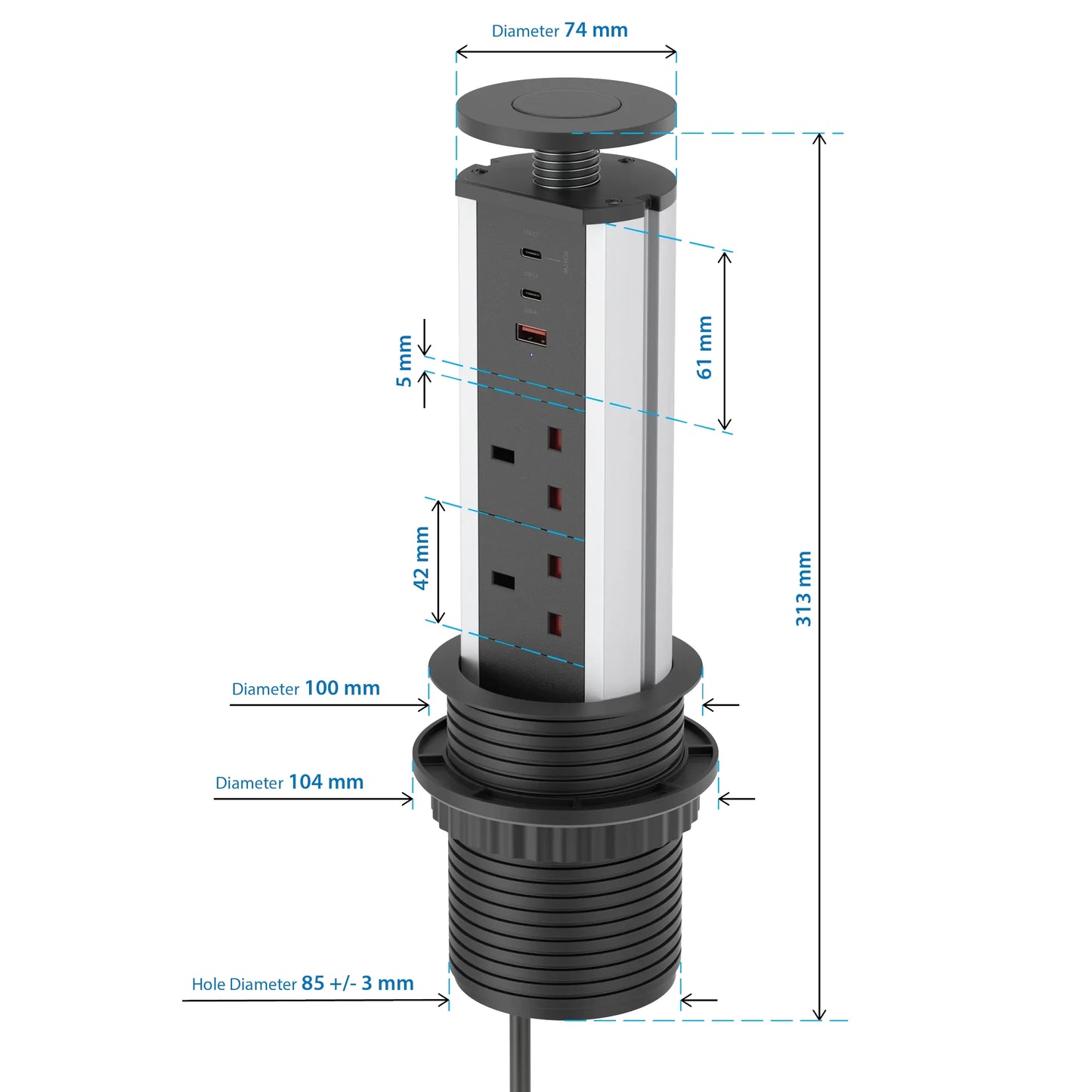 V1BC: Pop Up Power Socket Black