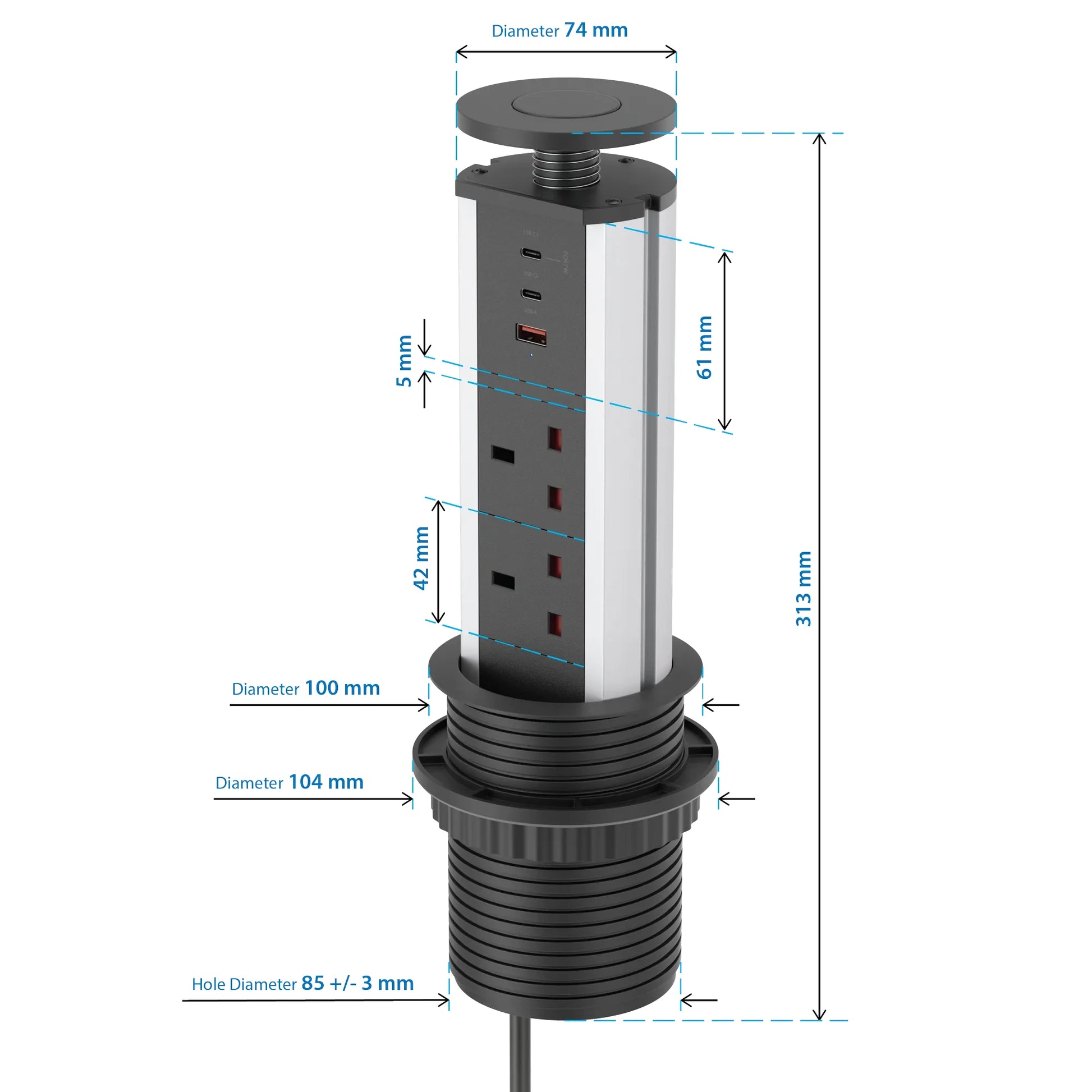 V1BC: Pop Up Power Socket Black