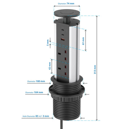 V1BC: Pop Up Power Socket Black