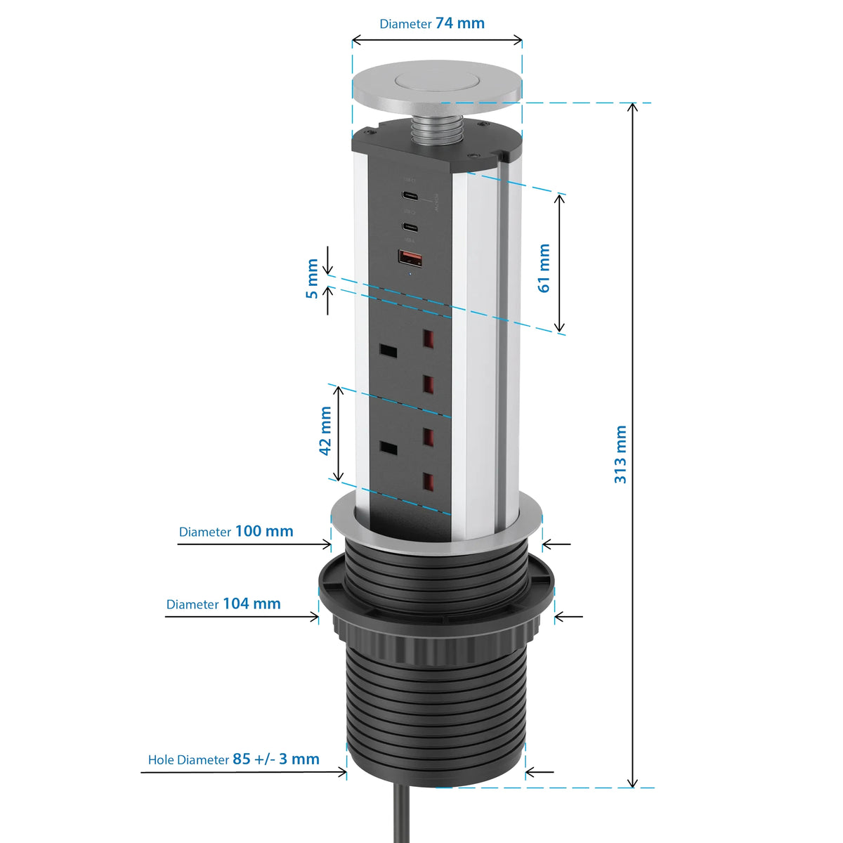 V1SC: Pop Up Power Socket Silver