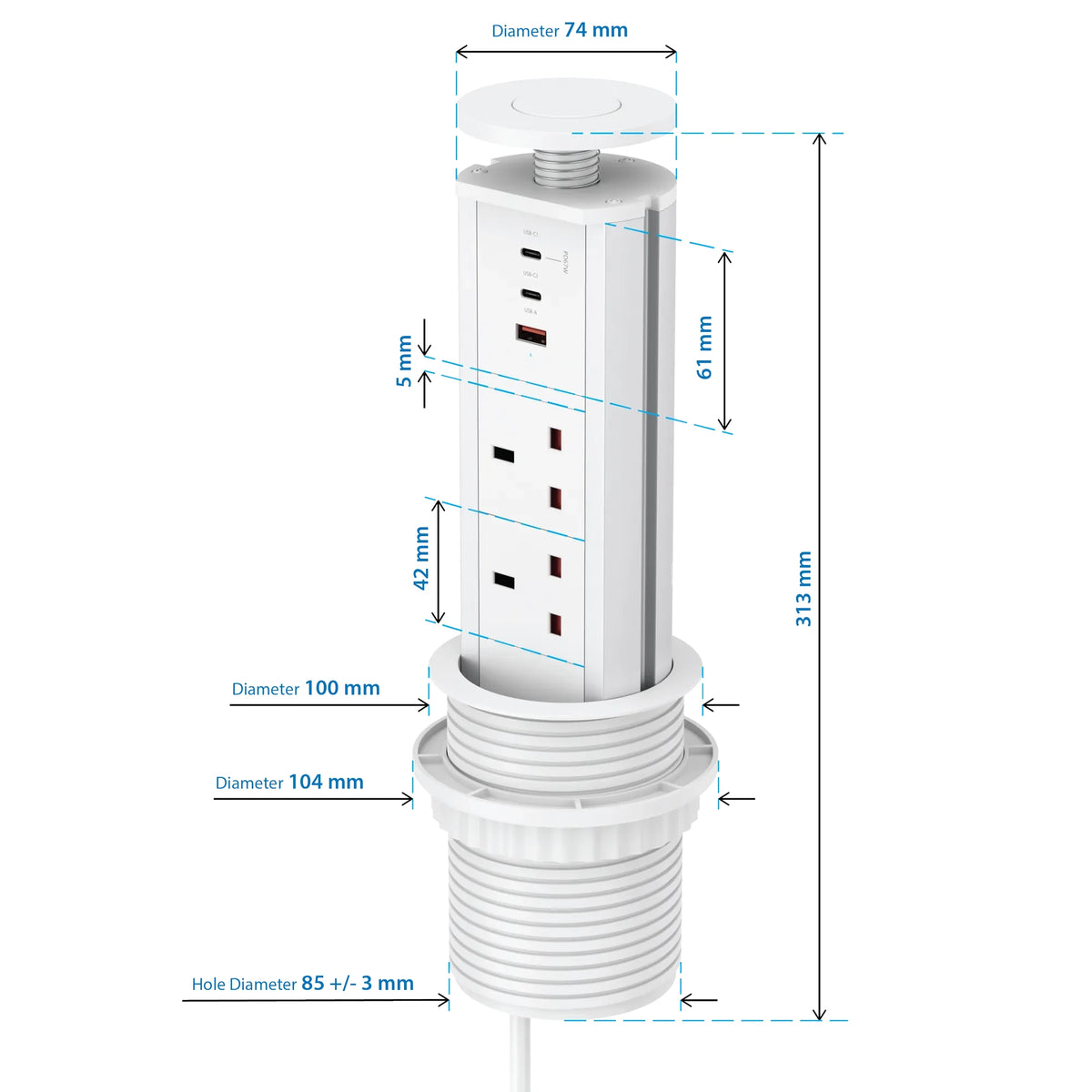 V1WC: Pop Up Power Socket White