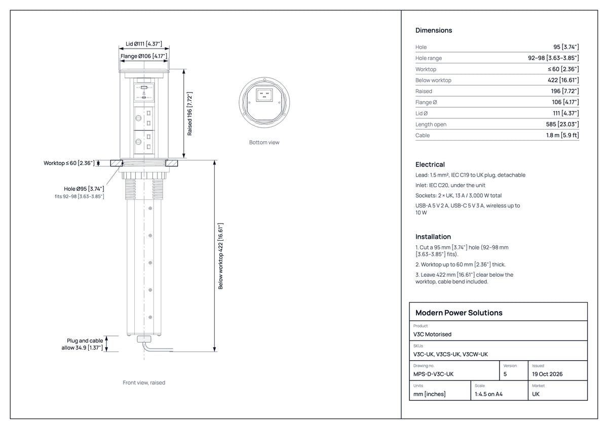 V3C Motorised dimensions drawing: hole size, countertop thickness and space below