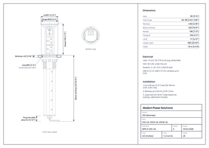 V3C Motorised dimensions drawing: hole size, countertop thickness and space below