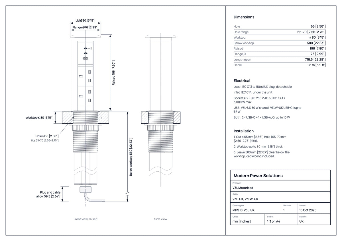 V3L Motorised dimensions drawing: hole size, countertop thickness and space below