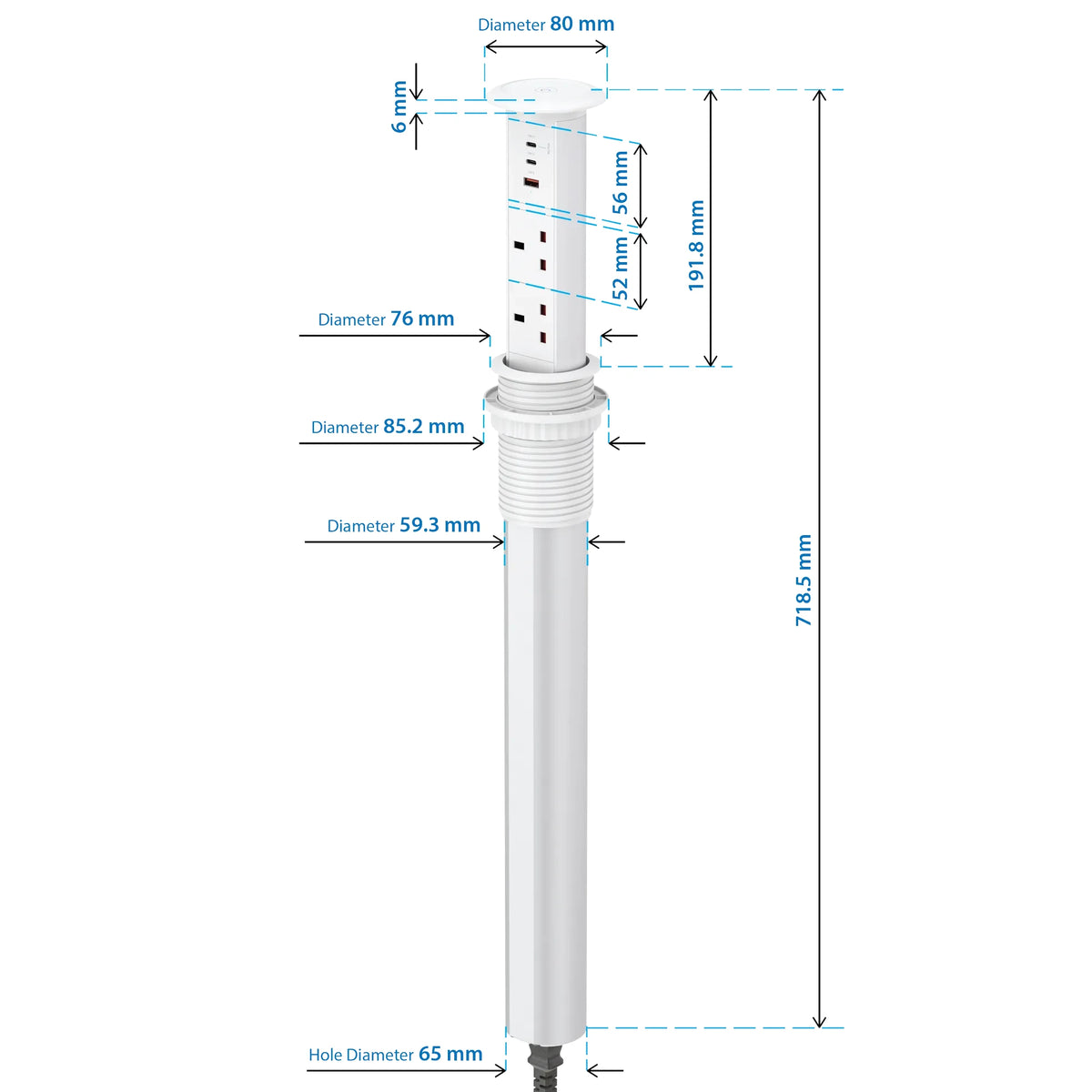 V3LW: White Motorised Pop Up Power Socket